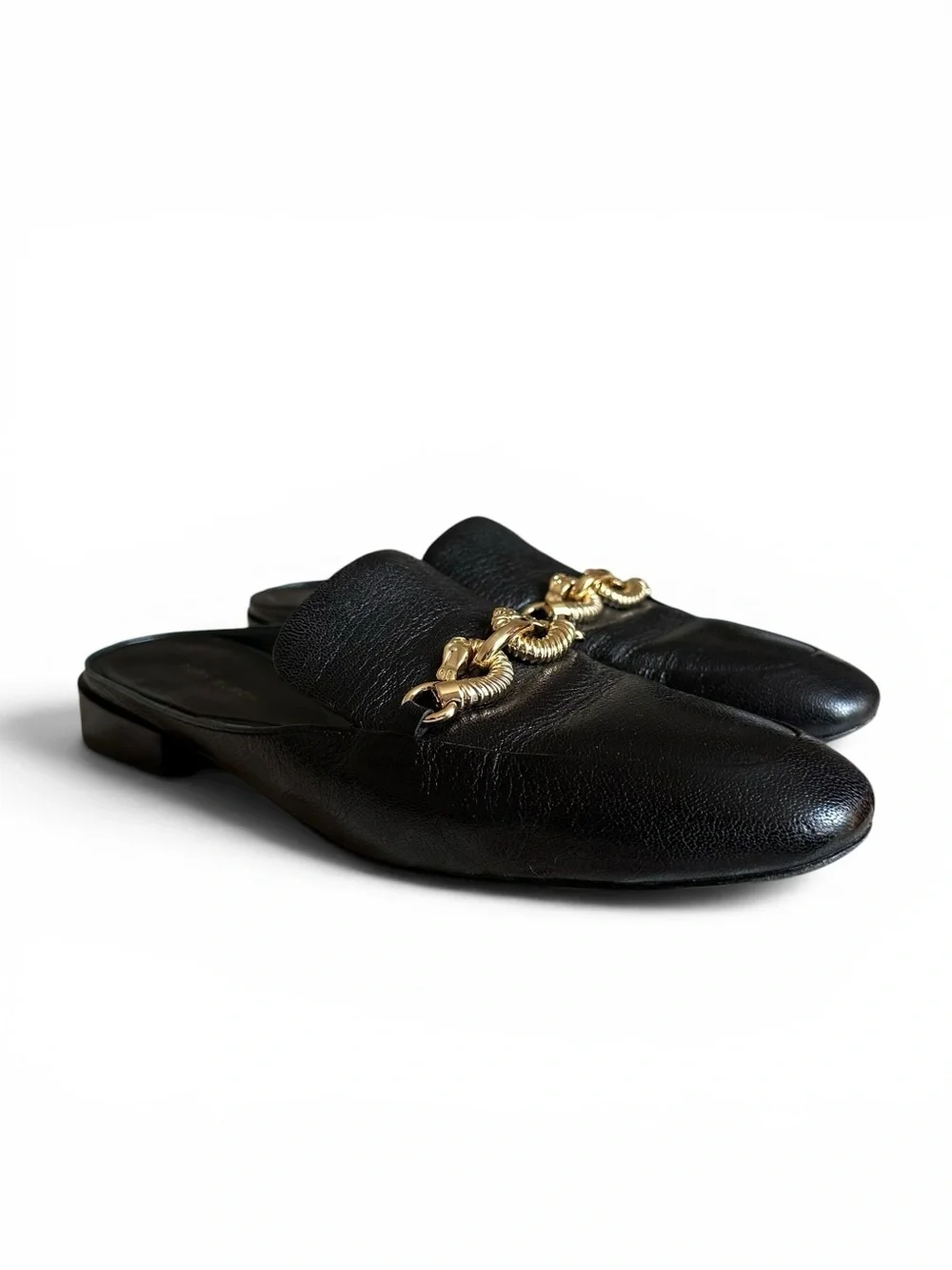 Tory Burch Jessa Black Leather Mule Loafers Gold Chain Horsebit Size 7.5
